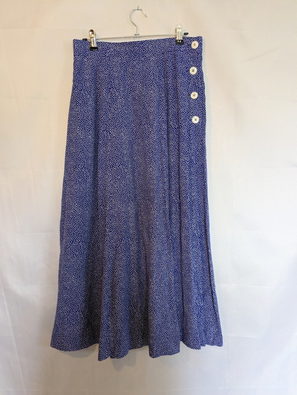 Vintage Tanner Collection 100% Rayon Polka Dot Side Button Maxi Skirt Blue 8 90s